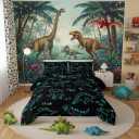 QOOMO Jurassic Dinosaur Kids Bedding Set, Black Cartoon Animals Comforter Queen Size, Suitability Girs and Boys Black Decorate a Room 1 Comforter Set 2 Pillowcases