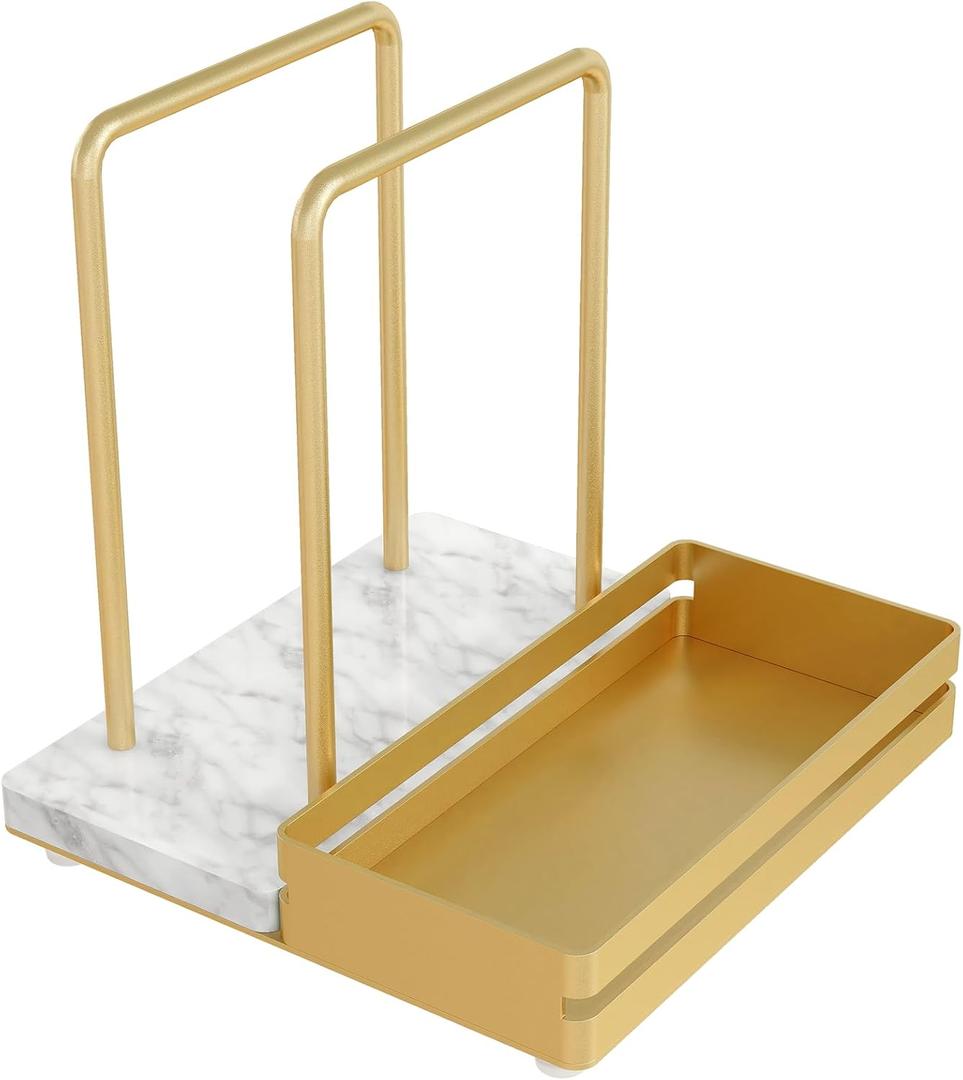 Napkin Holder for Table, Metal Marble Napkin Holder with Salt and Pepper Shakers Caddy, Standing Paper Napkin Storage for Dining Table Kitchen Decor, Marble & Metal Base, Gold