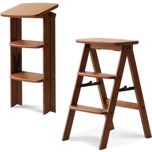 Baveke 3 Step Ladder Folding Step Stool, Wooden Step Stool Foldable, Folding Step Stools for Adults, Bamboo Kitchen Ladder, Three Stepladder for Library (Brown, FSC-Certified Bamboo)