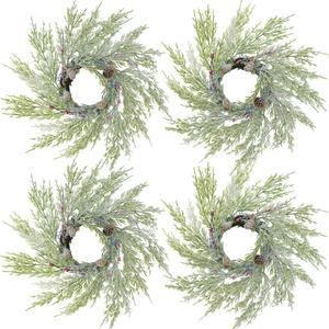 Winlyn 4 Pcs Artificial Snowy Cedar Pine Candle Rings Evergreen Pine with Red Pip Berries and Pinecones Wreaths Farmhouse Christmas Candle Holder Rings 15" Wide for Winter Holiday Mantel Door Cabinet