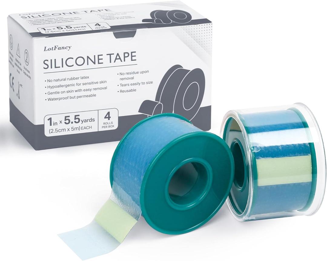 LotFancy Medical Soft Silicone Tape, 4Rolls 1inch x 5.5Yards, Adhesive Water-Proof Surgical Tape with Perforation for Easy Tear, Surgery First Aid Tape for Wound, Bandage