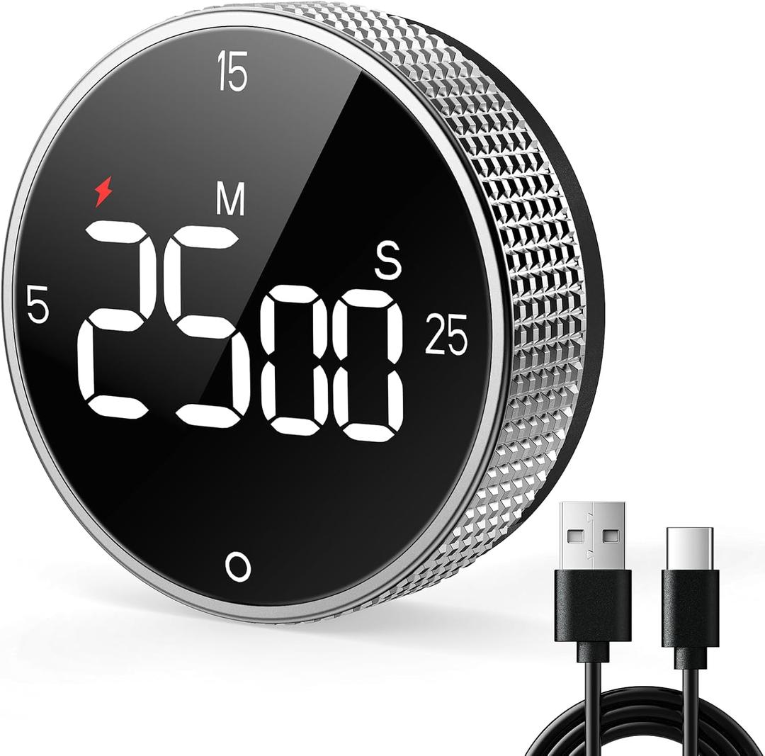 USB Rechargeable Magnetic Kitchen Timer for Cooking, Building 800mAh Battery Large Display Digital Countdown Timer, 3 Preset 5/15/25 Mins Loud Alarm for Baking Grilling Studying - Silver
