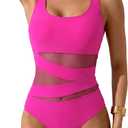 B2prity Women's Mesh One Piece Swimsuit Tummy Control Sexy Bathing Suit Push Up Swim Suit Slimming Swimwear (Pink, L)