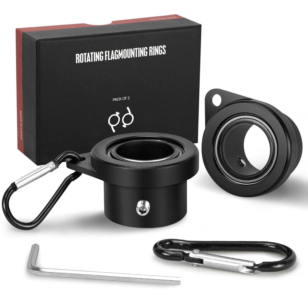 FLAG WIN Aluminum Alloy Flagpole Ring Set with Bearings 2 Pack, Anti Wrap 360°Rotating Flag Mounting Ring Spinning Flag Pole Kit with Carabiner for 0.96-1.25 Inch Diameter Flagpole(Black)