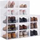 CroBlissful 12 Pack Large Shoe Storage Box Fit Size 10 Soft Plastic Closet Clear Shoe Organizer with Lids, Detachable Stackable Connectable Horizontally Vertically Foldable Sneaker Storage Bin
