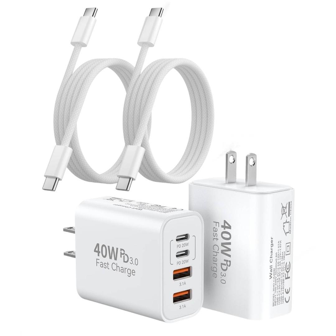 2Pack iPhone 17/16/15 Pro Max USB C to C Woven Cable Cord,PD 40W Type C Apple Charger 4 Port Wall Plug with 3FT USB C-C Fast Charging Woven Cord for iPhone 17 Air/16e/17/16/15/15 Plus/Pro/Pro Max/iPad