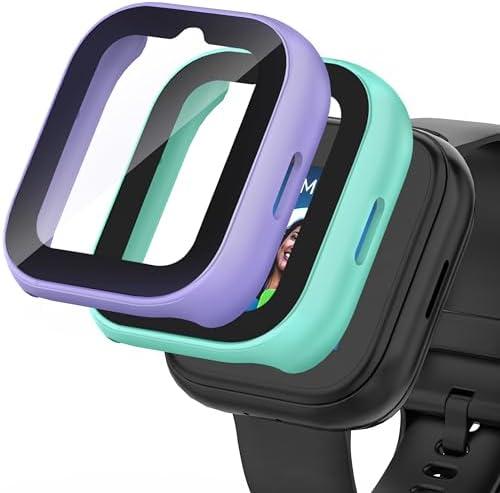 Snyeest 2-Pack Compatible with Sync Up Kids Watch 2 Screen Protector, Hard PC Overall Protective Case Bumper Tempered Glass Cover Accessories for SyncUp Kids Watch 2,Purple+Green
