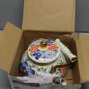 Blue Floral Enamel Tea Kettle Vintage Gold Beige Teapot Blue Floral Boho Hot Water Coffee Kettle Pot 2.5L Porcelain Tea Pot with Ceramic Handle for Stovetop Kitchen Home Decor