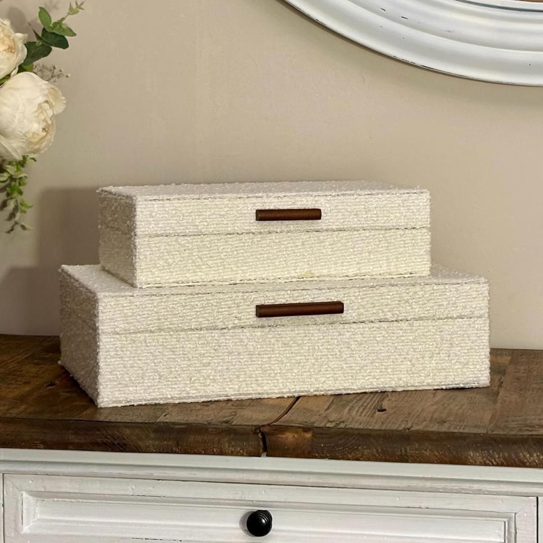 Set of 2 Ivory Boucl Fabric Decorative Boxes with Wooden Handles, Modern Jewelry Boxes, Storage Boxes, Keepsake Boxes, Photo Memory Organizer, 14.2x8.6x3.5in