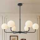 6-Light Mid Century Sputnik Chandelier , 35.4‘’Black Modern Pendant Light with Frosted Globe Shades, Height Adjustable & Fits Flat/Sloped Ceilings for Dining Room Living Room Kitchen Island Foyer