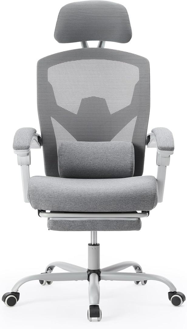Sweetcrispy Office Computer Desk Chair with Footrest,Ergonomic High-Back Mesh Rolling Work Swivel Chairs with Wheels,Comfortable Lumbar Support,Comfy Arms for Home,Bedroom,Study,Student,Light Grey