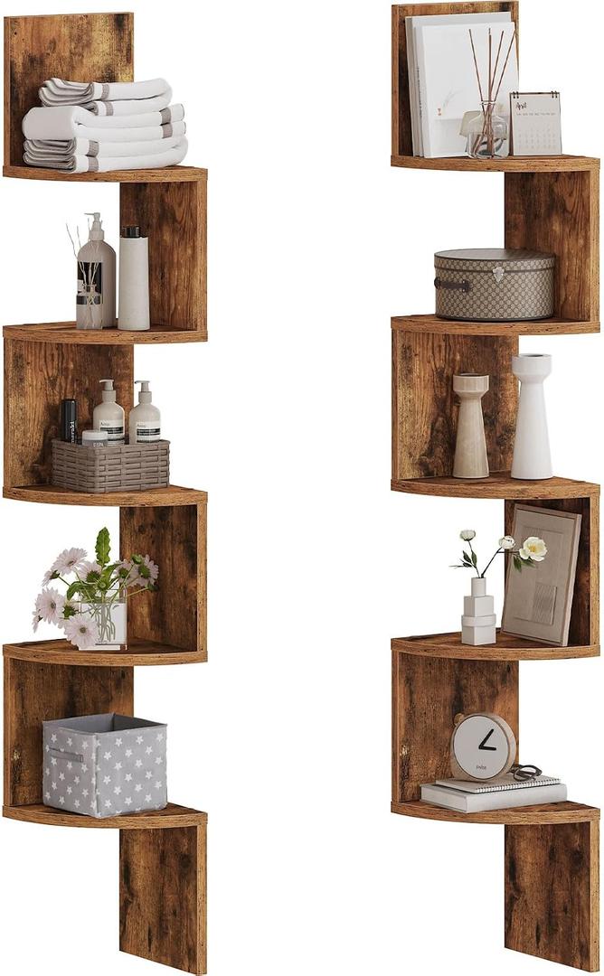 HOOBRO Corner Shelf Wall-Mounted, Set of 2 Floating Corner Shelves for Wall, 5-Tier Corner Bookshelves for Living Room, Bedroom, Bathroom, Home Office, Rustic Brown BF26BJP201, 49.2 Inches