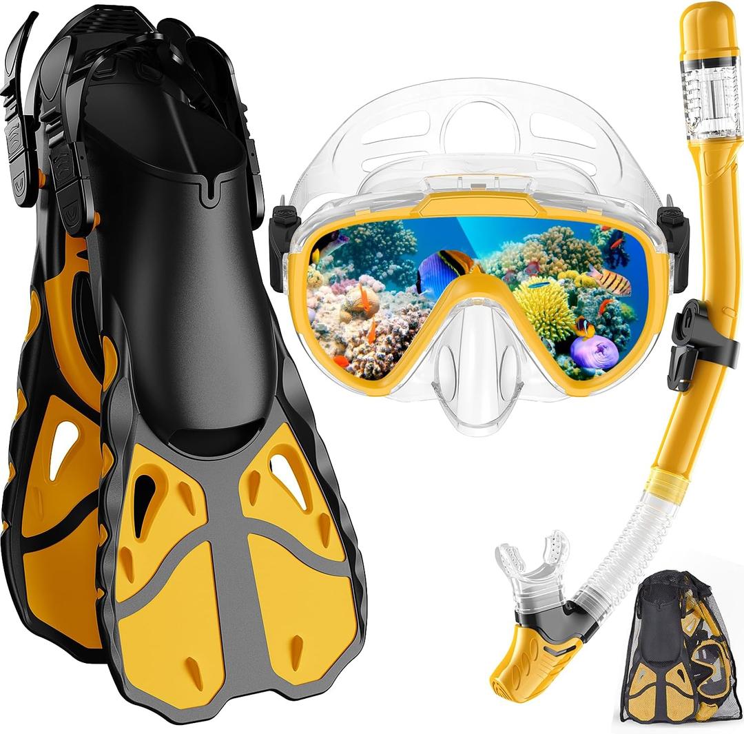 Snorkel Set with Fins for Adults, Snorkeling Gear for Adults Men and Women, Snorkle, Mask Set Adults Dry Top Snorkel Mask Combo Set with Travel Bag for Snorkeling, Diving, Swimming (Small-Medium, Yellow)