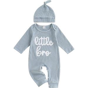 ZAXARRA Newborn Boy Stripe Romper Letter Embroidery Long Sleeve Round Neck Full Length Jumpsuit with Hat (Blue)