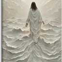 Framed Jesus Wall Art, White Christian Wall Decor, Jesus Walking On Water Poster Prints, Minimalist Christian Biblical Wrapped Canvas Artwork for Church Prayer Room Hospitals 16x24in