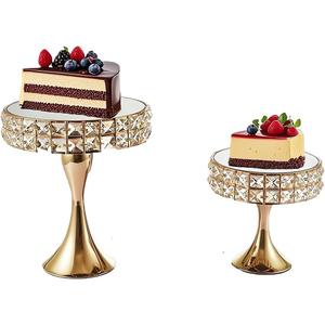 Vidisan 2 Pcs Gold 8/10 Inch Crystal Cake Stand Set Round Cake Stand with Crystal Bling Pendants Dessert Table Display Set for Wedding Event Birthday Party Dessert Table