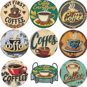 8 Pcs 5D DIY Coffee Theme Diamond Paintings Coasters with Holder for Adults Beginners, Round Full Drill Diamond Art Craft Supplies (QLBD-12)
