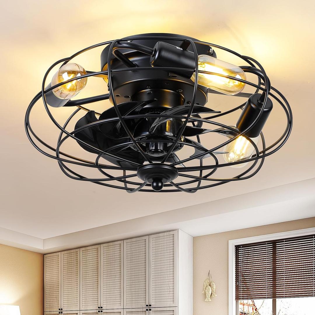 15" Flush Mount Caged Ceiling Fans with Lights, 3 SpeedsLow Profile Ceiling Fan with Light and Remote, Timer, Indoor, Small Bladeless Ceiling Fans with Lights for Bedroom