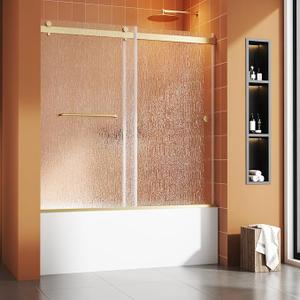 Bathtub Sliding Door 60" W x 56" H, Tub Shower Door, Frameless Bypass Double Sliding Door Tempered Rain Glass with Explosion-Proof Film Brushed Gold