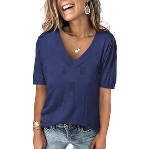 ANRABESS Summer Tops for Women Short Sleeve V Neck Sweaters Dressy Casual Blouses Lightweight Thin Knit Fashion Shirts. Medium Navy