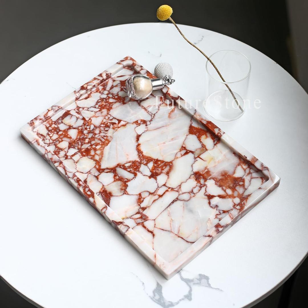 100% Natural Marble Serving Tray Luxury Marble Storage Tray for Home Decor Stone Tray for Bathroom/Kitchen/Vanity/Dresser, Plate Holder for Tissues, Candles, Towel, 12" x 8" x 0.7", Marble Tray-calacatta Red