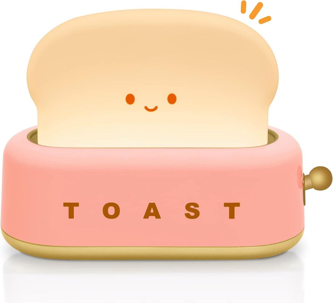 TOOGE Cute Toast Lamp, Small Desk Lamp, Night Light, Rechargeable, Pink, Plastic, Kawaii Decor for Bedroom, Table, Bedside, Desk, Gifts for Kids and Adults