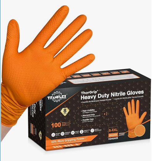 TitanFlex Heavy Duty Industrial Orange Nitrile Gloves, 8mil, Gloves Disposable Latex Free with Raised Diamond Texture Grip, Powder Free, Rubber Glove, Mechanic Gloves,100ct Box (Large)