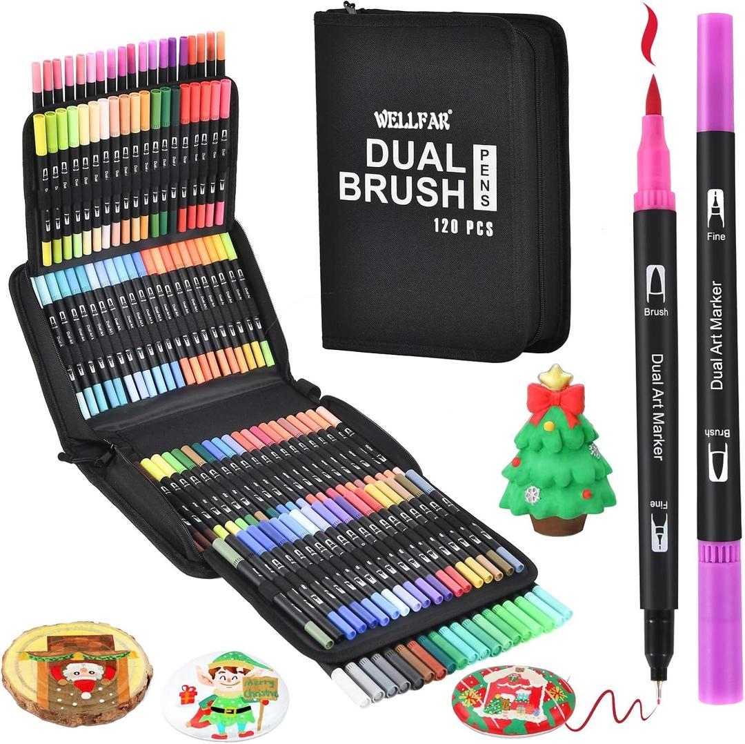 120 ColorsAdult Coloring Book Markers No Bleed  Dual Felt Tip (Fine & Brush) Art Markers for Teens/Kids  Gel Acrylic Paint Pens Set for Sketching, Drawing, Rock Painting, Journaling, Non Bleeding.