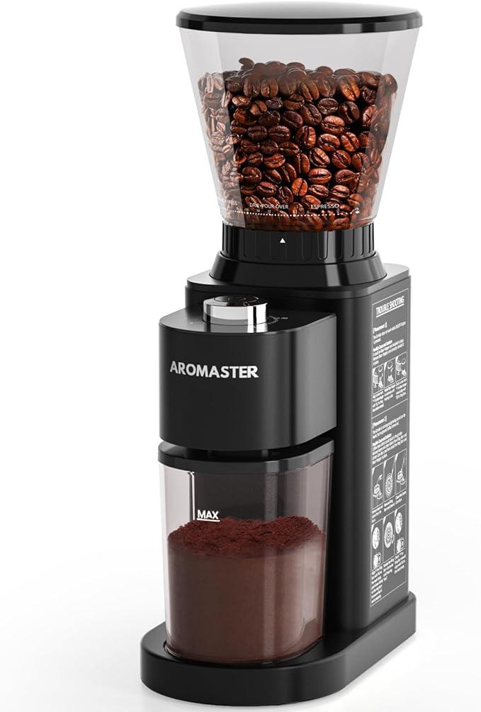 Aromaster Coffee Bean Grinder with 48 Gind Settings, Conical Burr Coffee Grinder for Home Use,Stainless Steel,40 Seconds Adjustable Timer,Antistatic,Easy to Clean with Brush,Black