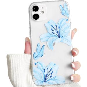 NITITOP Compatible with iPhone 11 Case Clear Cute Butterfly Lily Flower Floral Pattern for Women Girls Full Camera Lens Clear Slim Shockproof Protective Phone Cover - Blue