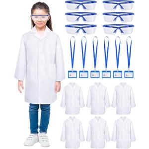 6 Sets 18 Pcs White Kids Lab Coats Bulk Children Girl Doctor Scientist Costume Lab Coat with Goggles Card Holder (Medium)