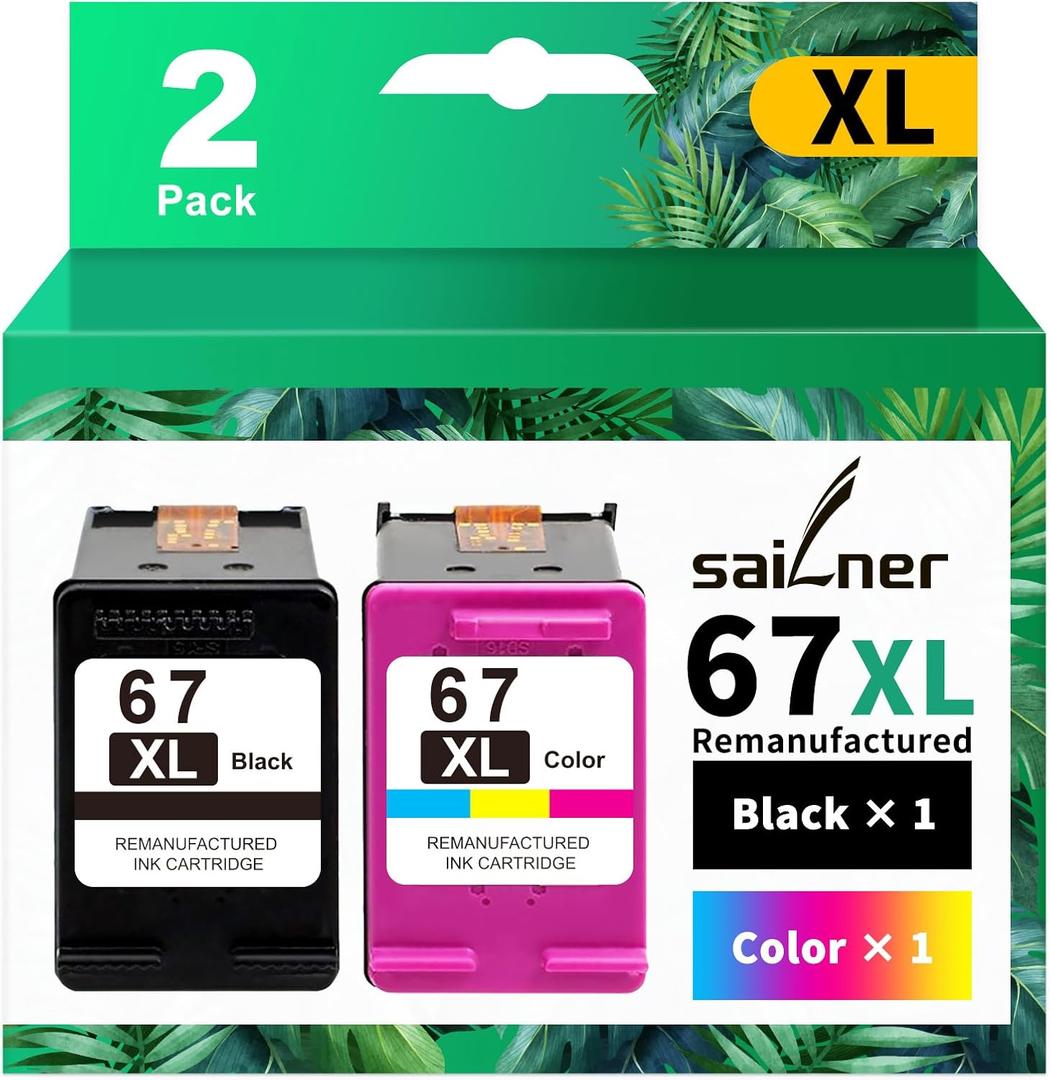 SAILNER 67XL Ink Cartridge Black/Color Combo Pack Replacement for HP Ink 67 hp67xl 67XXL for HP DeskJet 2755e 2700 2855e 2800 2752 2742e 4155e 4255e 4100 Envy 6055 6055e 6455e Printer 67 Ink (2 Pack)