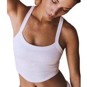 Free People Dupe Tops Ribbed Tank Tops for Women Workout Crop Tops White Racerback Going Out Tops for Woman, XS/ S
