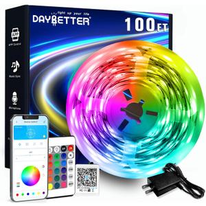 DAYBETTER LED Strip Lights 100ft RGB Lights Strip for Bedroom, Desk, Indoor Room Living Room Brithday Gifts Home Decor with Remote, 24V Power Supply