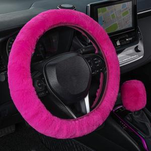 SEG Direct Furry Car Steering Wheel Cover with Gear Shift Cover, Soft and Warm, Cute Fluffy Auto Decor for Women Men, Standard Size, 2 PCS Set, Magenta