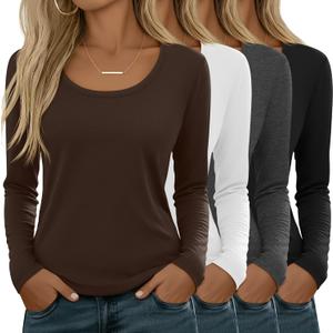4 Pack Women's Scoop Neck Long Sleeve Tops, Loose Casual T-Shirts Fall Layer Trendy Soft Basic Tee for Ladies (Large, Brown, White, Dark Gray, Black)