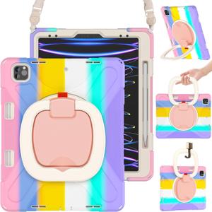 BRAECN Case for iPad Air 13 Inch M3 2025/ M2 2024 & iPad Pro 12.9 6th/5th/4th/3rd Gen: Military Grade Silicone Protective Cover w/Pencil Holder, Kickstand, Swivel Handle, Shoulder Strap, Colorful Pink