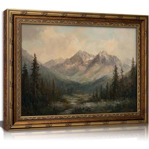 KKP Vintage Gold Framed Mountain Canvas Wall Art, Mountain Scenery Canvas Print, Classic Country Painting Picture, Farmhouse Wall Decor for Living Room Bedroom Hallway Home Decoration 9x11 Inch