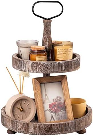 Farmhouse Two Tiered Wooden Tray Stand, UBTKEY 2 Tier Wood Round Decorative Tray with Metal Handle for Rustic Home Decor Seasonal Decorations (Rustic Brown)