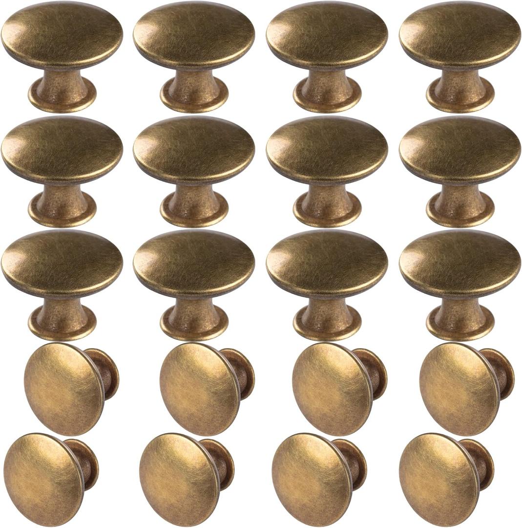 HUGOLEM 20 Pack Brass Round Antique Brass Kitchen Cabinet Knobs Cupboard Door Knobs Drawer Handle Pulls Dresser Knobs with 21 Pcs Screws for Bathroom Drawer Door Hardware