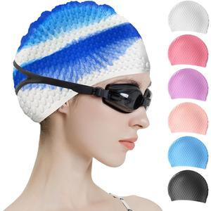 Tripsky Silicone Swim Cap,Comfortable Bathing Cap Ideal for Curly Short Medium Long Hair, Swimming Cap for Women and Men, Shower Caps Keep Hairstyle Unchanged (Blue & White Gradient)