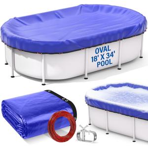 18' x 34' Oval Winter Pool Cover for Above Ground Pools, with Winch & Steel-Core Cable | Heavy-Duty | UV-Resistant | Easy Installation & Storage (Blue)