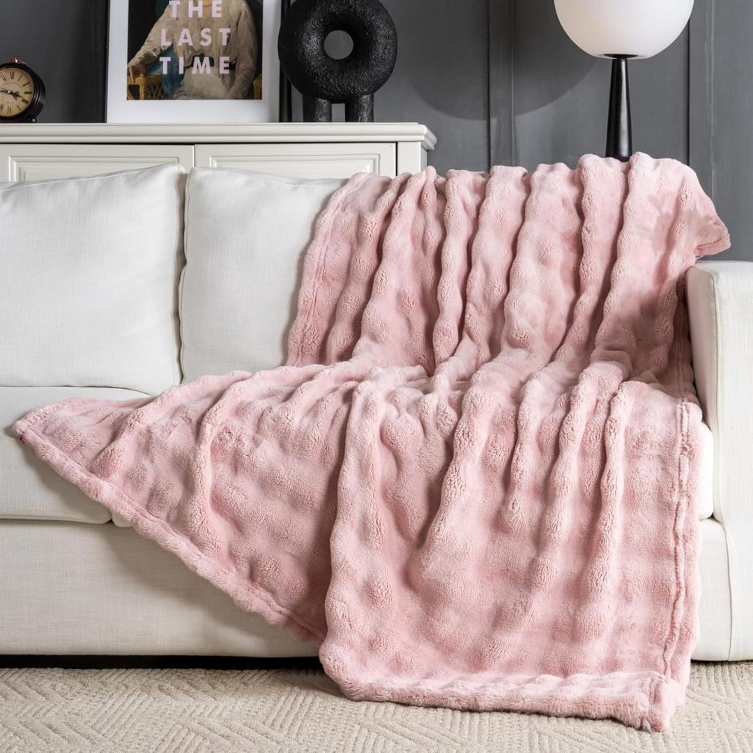 Pink Faux Fur Throw Blanket for Couch, Soft Fluffy Bubble Blanket for Bed Sofa, Thick Warm Plush Fuzzy Rabbit Fur Blanket for Cute Home Decor, 50"X 60"