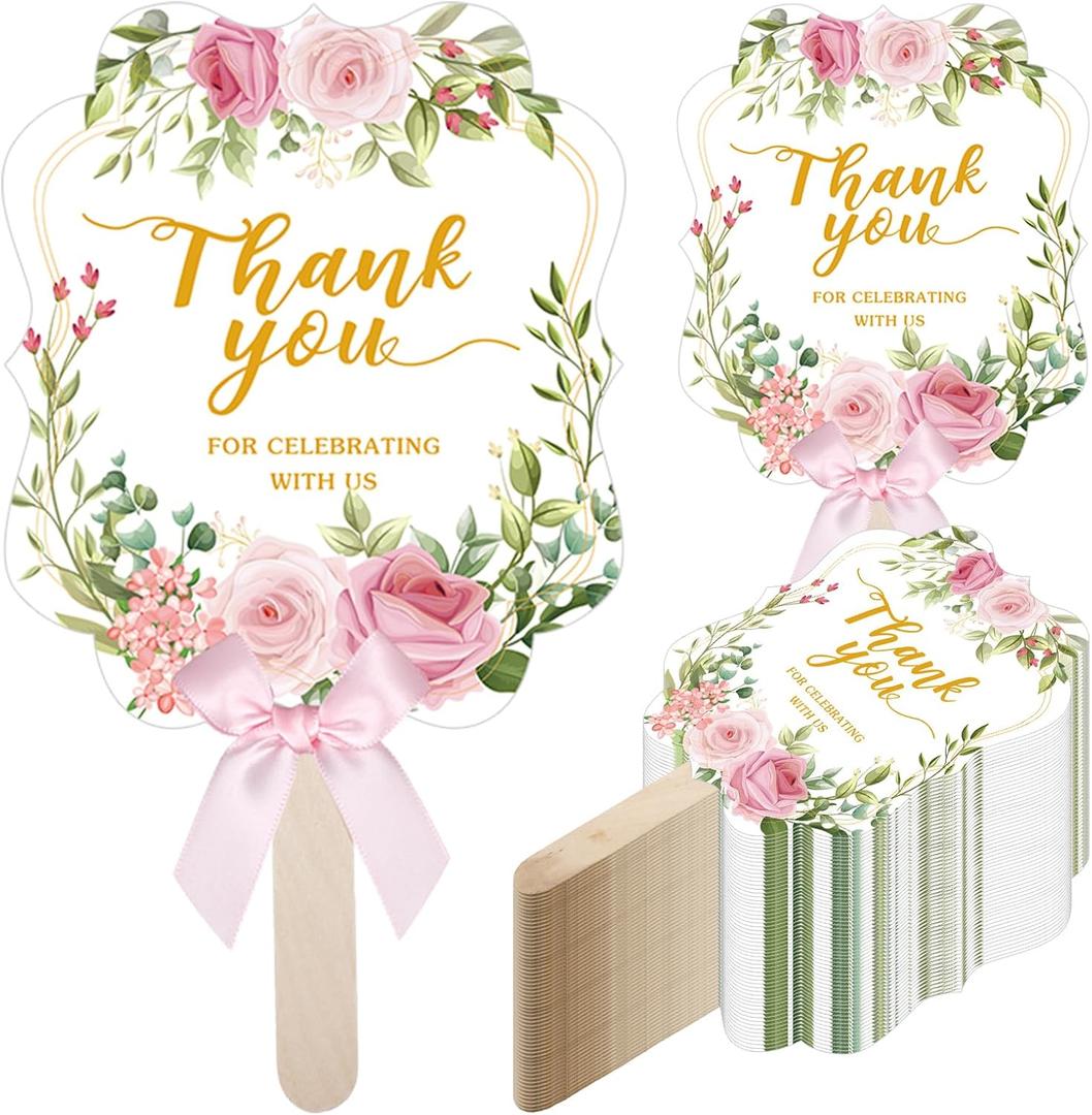Huwena 50 Sets Wedding Fans for Guests Thank You for Celebrating with Us Fans Hand Fans Handheld Folded Fan Baby Shower Favors for Bridal Bridesmaid Gift Church Dancing(Pink,Floral)