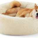 Bedsure Calming Dog Bed for Medium Dogs - Donut Washable Medium Pet Bed, Anti-Slip Round Fluffy Plush Faux Fur Cat Bed, Fits up to 45 lbs Pets, Ivory Beige, 30 inches