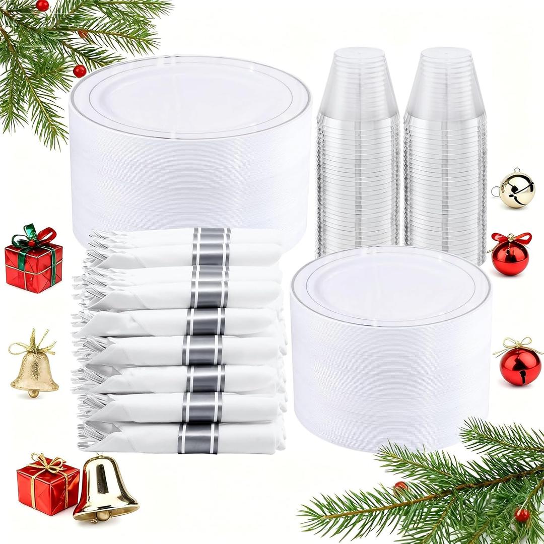 WELLIFE 350-Piece Silver Plastic Dinnerware Set - Disposable 10.25" Dinner Plates, 7.5" Dessert Plates, 9oz Silver Rim Cups & Cutlery for Weddings - 50 Guest Service - Elegant Disposable Silverware