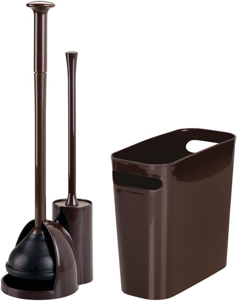 mDesign Compact Freestanding 2-in-1 Plastic Toilet Bowl Brush/Plunger/Trash Wastebasket Garbage Can Combo, Home Bathroom Storage, Sturdy Cleaning Accessories, Aura Collection, Set of 2, Dark Brown