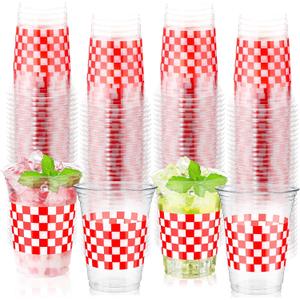 100 Pcs 16 oz Red and White Checkered Plastic Cups Bulk Disposable Buffalo Plaid Plastic Cups Red and White Check Party Container Decorative Holiday Party Container for Birthday Supplies (Race Car)
