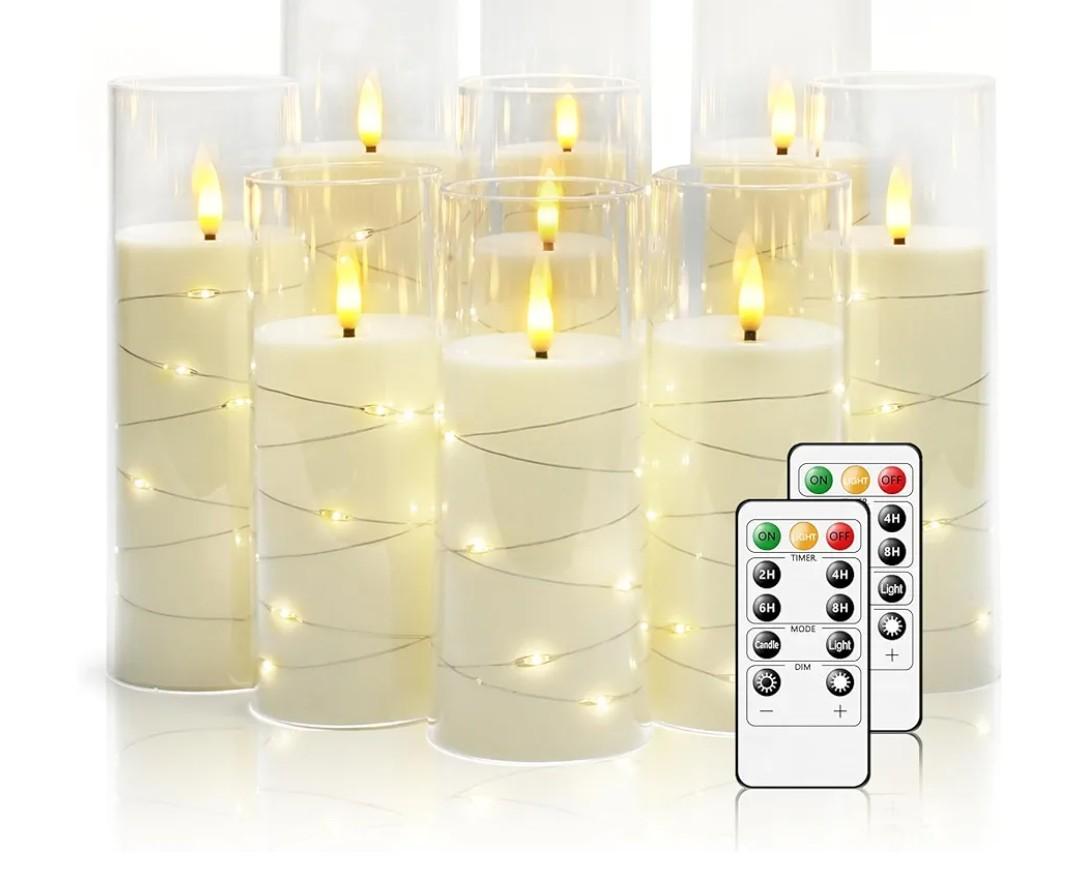 Flickering Flameless LED Candles, 9 Pcs with Embedded Star String, Acrylic LED Pillar Candles with Remote, Suitable for Home Decoration (White)