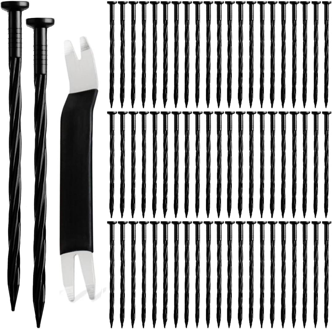 65 Pcs Landscape Edging Stakes, 8 Inch Plastic Anchoring Spikes, Spiral Nails for Garden and Paver Barrier, Removal Tool Included